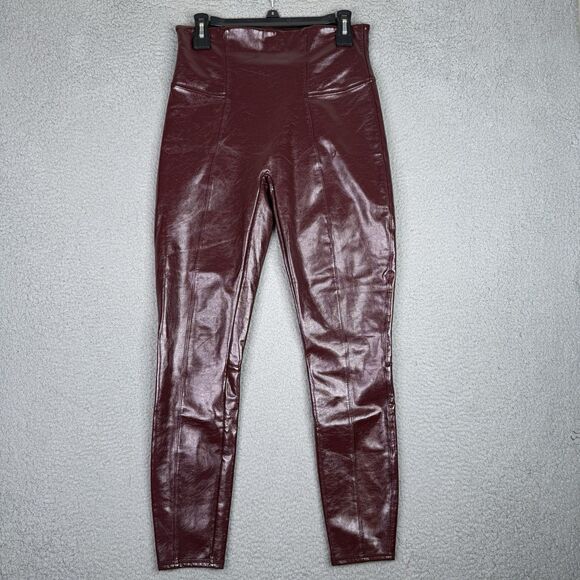 Spanx Pants Womens Large Ruby Red Faux Patent Leather Leggings 20301R High Waist - Picture 1 of 10